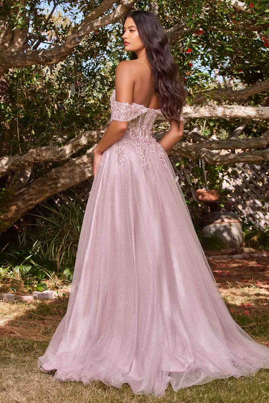 Cinderella Divine CD0198 Long Lace A-Line Gown with Off the Shoulder Sleeves