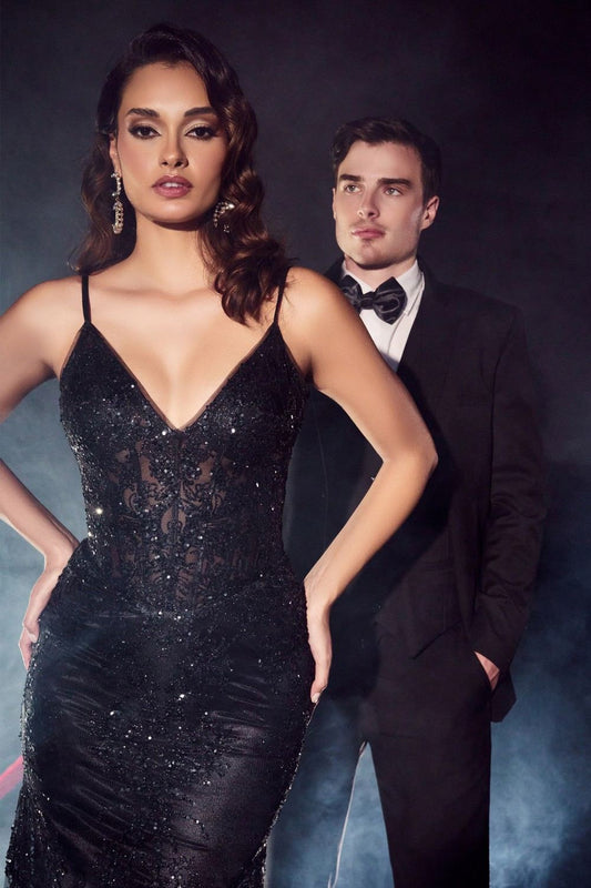 Ladivine J810 Long Fitted Floral Glitter Print Corset Gown