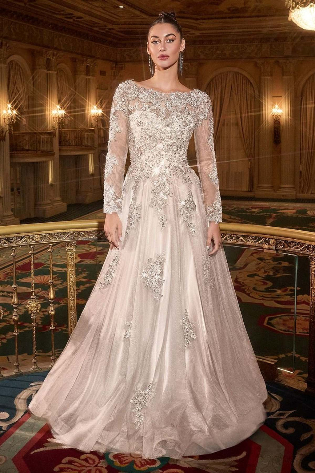Ladivine J883W Wedding A-Line Ball Gown Long Sleeves Lace Applique