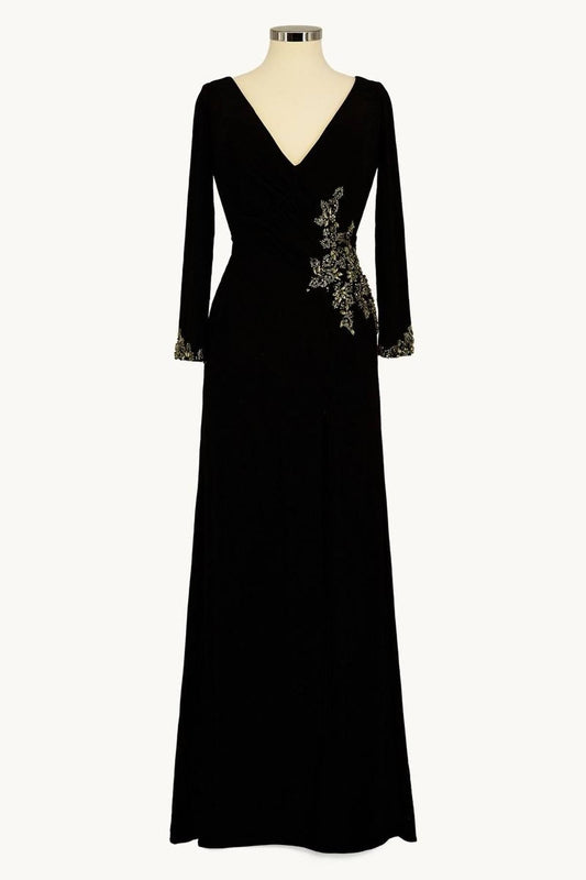 Ladivine Amoris T809 Long Sleeve V-Neckline Embellished Leg Slit Gown